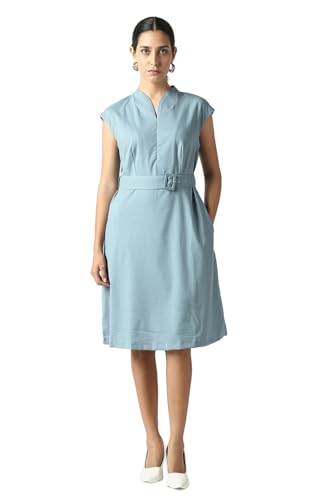 Women Light Blue Check Knee Length Formal Dress