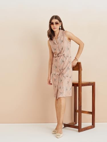 Latin Quarters Women's Beige Collar Neck Sleeveless Printed Casual Shirt Dress_S