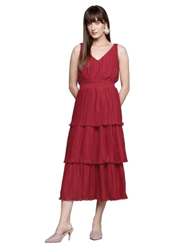 Label RITU KUMAR Red Fashion Flair V Neck Long Dress