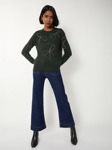 Max Women Embellished Sweater (Green_S)