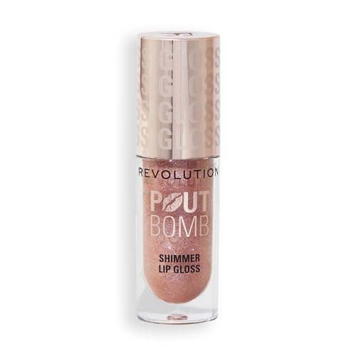 Makeup Revolution Pout Bomb Shimmer Lip Gloss- Glimmer Nude | Glossy Shine + Moisturising Feel | Makes Lips Look Fuller Instantly | Easy to Use, Non-Sticky | 4.6ml