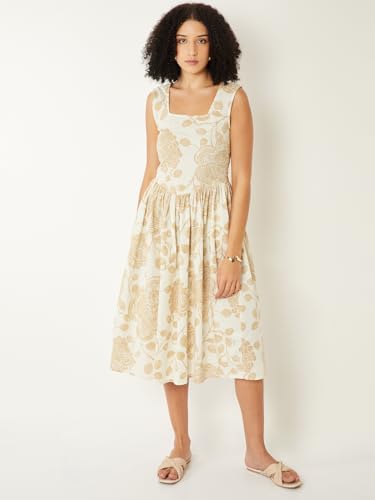 Max Women Printed Fit & Flare Midi Dress (Beige_XL)