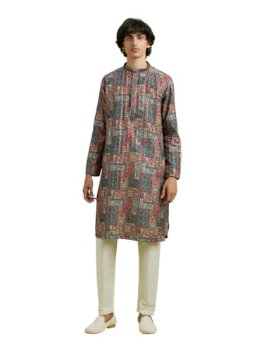 DIWAS BY MANYAVAR Men's Art Silk Printed Festive Kurta Set (2pc) (Orange, XXL)