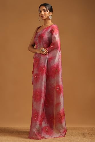 Soch Womens Blush Pink Fendy Organza Floral Saree With Beaded