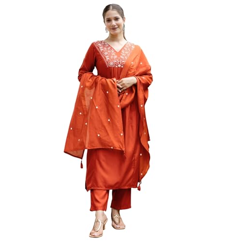 AVYUKTHA | Women Ethnic Motifs Embroidered Kurta with Trors & Dupatta | Traditional Thread Work Kurta Set for Festive & Daily | Orange | Size- S