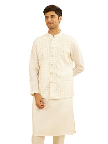 Manyavar Men's Art Silk Embroidery|Sequin Work Kurta Jacket Set (Warm White,XL)