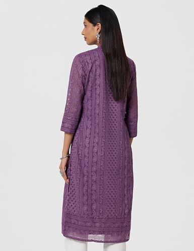 Soch Womens Purple Paisley Embroidered Mandarin Collar Georgette Kurta