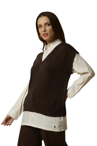 Allen Solly Women Brown Textured V Neck Casual Sweater
