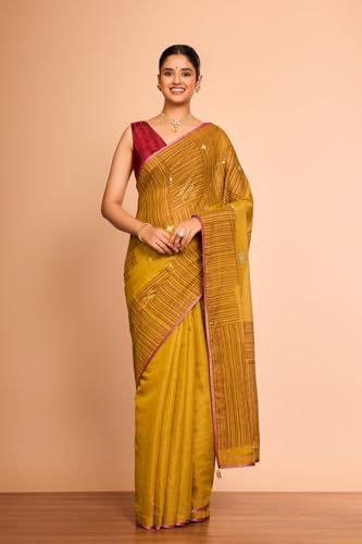 Taneira Women Yellow Pure Tissue Cotton Printed Embroidered Saree with Unstitched Blouse Piece (SAIP20AC2558-Yellow)