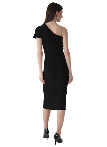 Kazo Solid Polyester Blend Asymmetric Women's Midi Dress (Black, Small)