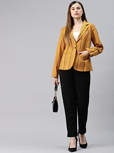 Cottinfab Women Yellow & Black Striped Blazer Single-Breasted