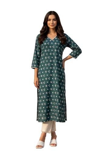 W for Woman Teal Green Geometric Printed Lace Pure Cotton Straight Kurta - (W14160-127685-L)
