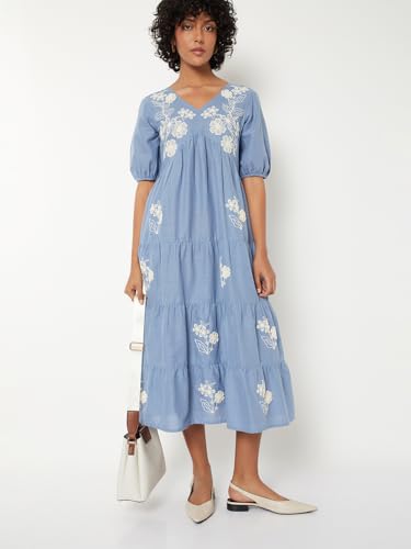 Max Women Embroidered Tiered Dress (Blue_S)