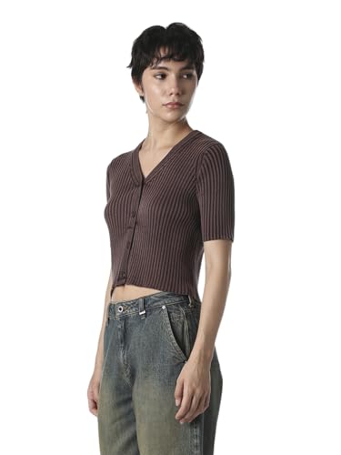 ONLY Women's Self Design Regular Fit Brown Top