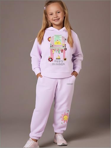 Cherry Crumble Lilac Solid Polyester Hooded Applique with Embroidery Girls Winter Sweatshirt Set