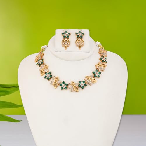 ZYRA JEWELS Floral Choker Necklace Set and Earrings, American Diamond & Austrian Zircon Studded Micro Gold Plated Antique Polished Jewellery Set For Women and Girls (Emerald Green)