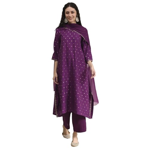 Biba Women Purple Polyseter Blend Straight Printed Kurta Set_46