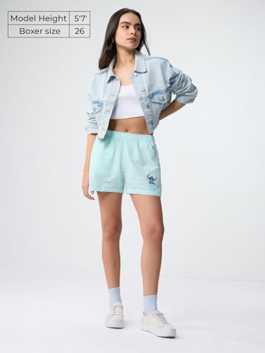 The Souled Store Disney: Alien Chill Women Elastic Waistband Mint Green Checkered Embroidered Cotton Blend Regular Fit Lightweight Everyday Boxer Shorts