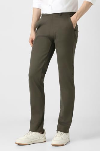 Men Olive Textured Formal Trousers
