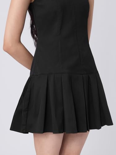 The Souled Store Tennis Dress: Smoked Black Women and Girls Sleeveless Collared Neck Solid Polyester Slim Fit Lightweight Pleated Hem Casual Skater Tennis Dress