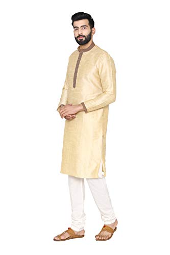 Manyavar Men's Art Silk Solid Regular Kurta and Churidar Set (S952714-304_Cream_L)