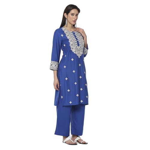Biba Women Blue Embroidered Straight Suit Set_44