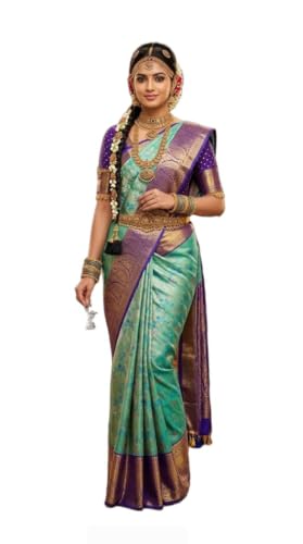 VFCollections Women's Traditional Handloom Kanchipuram Silk Pure Pattu Sarees | Rich Zari Woven Design | Bridal Saree | Unstitched Blouse (VFC726-1)