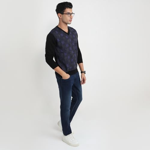 Raymond Men Regular Fit Wrapper Pattern Merino Wool Acrylic Blend Full Sleeve V Neck Casual Sweater Black