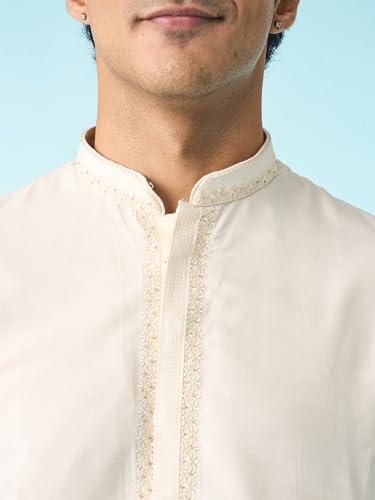 DIWAS BY MANYAVAR Men's Blended Viscose Self Design Festive Kurta Set (2pc) (Cream, L)