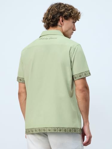 The Souled Store Cotton Linen: Aura Men and Boys Short Sleeves Collared Neck Green Embroidered Regular Fit Cotton Linen Shirt