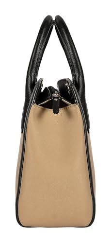 eske Avila Compact Handbag for Women Vegan Saffiano Leather Satchel with Slider Clasp Zip and Slip Pockets Padded Handles Adjustable Sling Strap Small Office Purse (Stone)