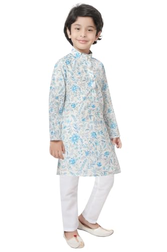 TinySteps Traditional Ethnic Wear Boys Printed Kurta With Sequence Work And White Cotton Elastic Waist Pajama Set (Blue)