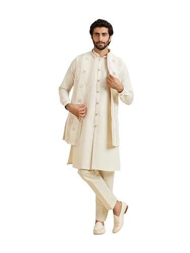 Manyavar Men's Linen Blend Mirror Work Kurta Jacket Churidar Set(Natural,M)
