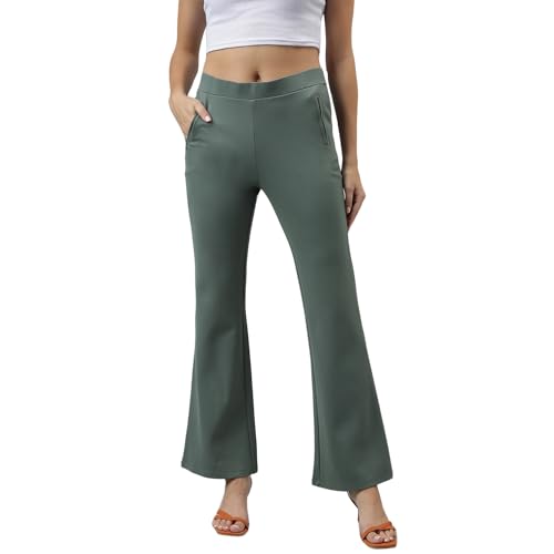 Latin Quarters Women Solid Green Full Length Stretchable Trouser_L