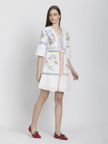 SHAYE White V-Neck Floral Print Three-Quarter Sleeves Casual Dresses for Women