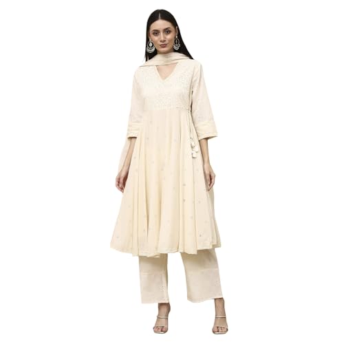 Biba Women Off-White Cotton Schiffli Anarkali Suit Set_42