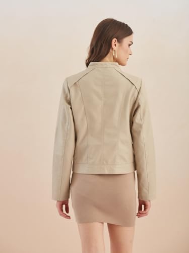 Latin Quarters Women's Beige Solid Full Sleeves Mandarin Neck Casual Biker Jacket_L
