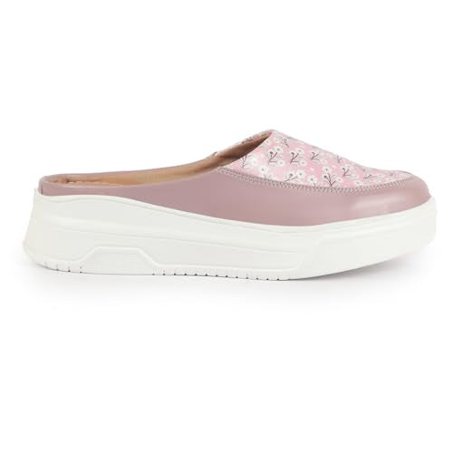 FAUSTO FST FJDWC-7020 PEACH-38 Women's Peach Stiched Floral Print Back Open Height Enhancer Flatform Heel Slip On Casual Shoes (5 UK)