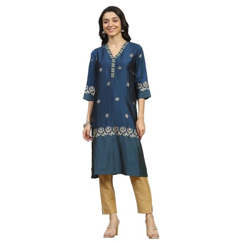 Rangriti Women Blue Polyester Blend Printed Straight Kurta_36