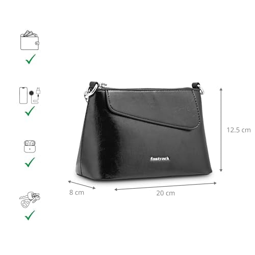 Fastrack MiniBae Sling | Black Faux-Leather Women’s Handbag | Silver Hardware & Spacious Main Compartment