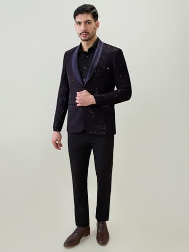 Raymond Men Regular Fit Structure Pattern Pure Polyester Shawl Collar Full Sleeve Ceremonial Suit Violet