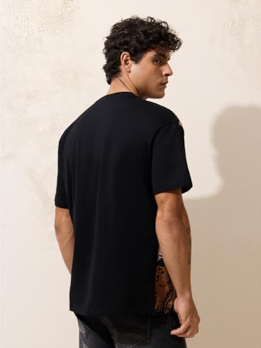 The Souled Store Marvel: It's Rocket Men and Boys Short Sleeves Round Neck Black and Beige Graphic Printed Casual Lightweight Drop Shoulder Streetwear Trendy Oversized T-Shirts