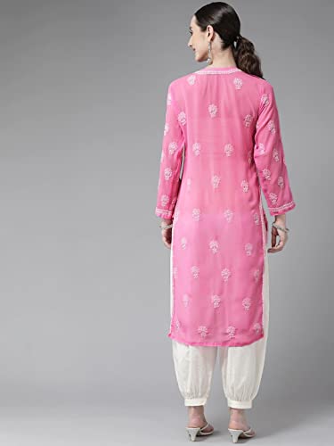 Ada Hand Embroidered Indian Chikankari Women's Faux Georgette Kurti Kurta A411221 (L_Pink), Pink, L