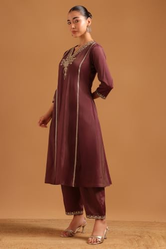 Soch Womens Wine Viscose Blend Embroidered Zari Embroidery Kurta Set