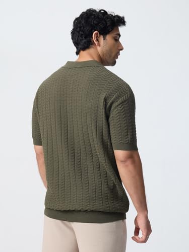 The Souled Store Blaze Men and Boys Short Sleeve Spread Collar Dark Olive Green Jacquard Knit Cotton Oversized Breathable Lightweight Everyday All-Season Polo Shirts