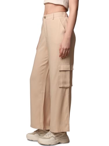 ONLY Women Solid Wide Leg Casual Beige Pants