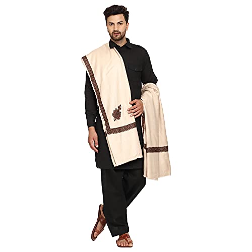 SWI WITH LABEL Men's Kashmiri Embroidered Wool Shawl (GC113_Beige_Free Size)