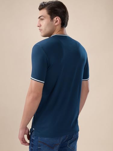 Status Quo Men's Solid Henley Neck Half Sleeves Regular Fit T-Shirt with Tipping Details | 67% Rayon 24% Nylon 9% Lycra | DK.Teal | 3XL
