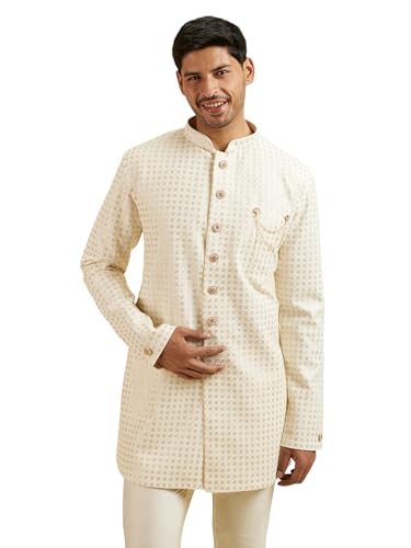 Manyavar Men's Georgette Chikankari Sequins Kurta Set (Cream,XXL)