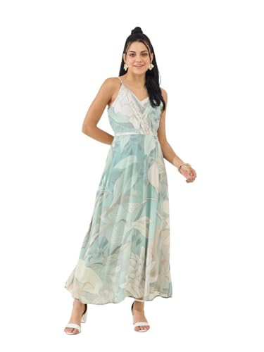 Latin Quarters Women's Green Printed Strappy V-Neck Casual Fit & Flared Dress_XL